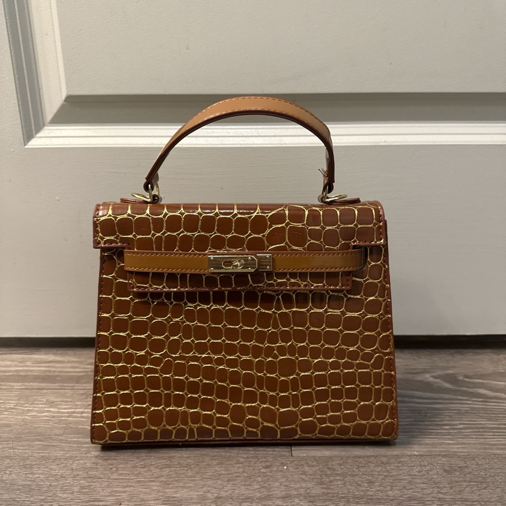 Fashion Nova Croc-Embossed Top-Handle Satchel - Brown with Gold Accents